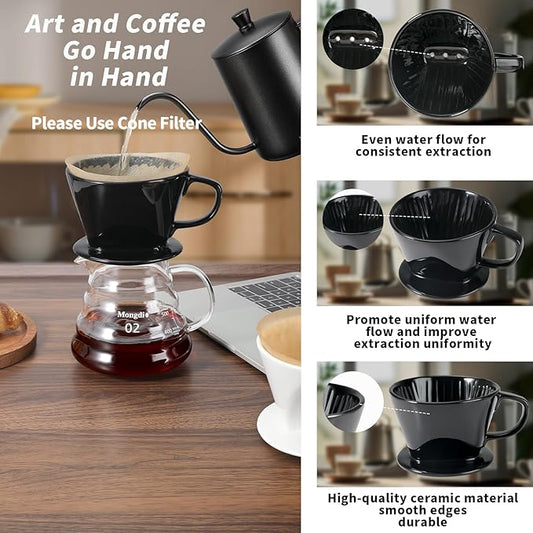 Mongdio Ceramic Pour Over Coffee Dripper – 3-Hole Flat Bottom, Size 02, Matte Black