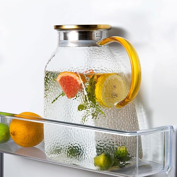 Glass Pitcher With Lid and Spout, 1.8 Liter 60 oz Glass Pitchers With Handle And Lid, Jug Water Pitchers For Fridge, Carafe Jar for Hot/Cold Water Iced Tea Juice Coffee Milk Beverage