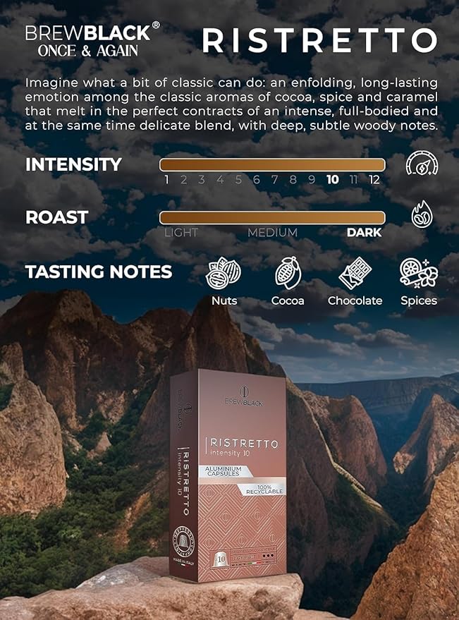 BrewBlack Ristretto Coffee Capsules - 50 Aluminum Coffee Pods Compatible with Nespresso Original line, Medium Roast - Intensity 10/12, Made in Italy