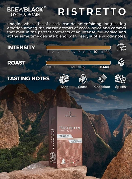 BrewBlack Ristretto Coffee Capsules - 50 Aluminum Coffee Pods Compatible with Nespresso Original line, Medium Roast - Intensity 10/12, Made in Italy