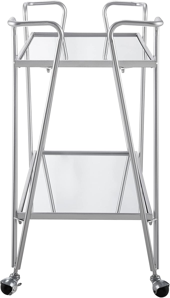 Linon Gina Silver Mid Century Bar Cart with Mirrored Shelves on Locking Castors