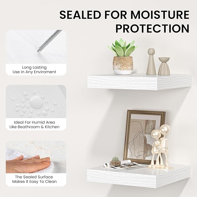 Square Floating Shelves for Wall, 12" W x 12" D x 1.4" H, Small Wooden Wall Mounted Display Shelves with Invisible Brackets for Living Room, Bedroom, Bathroom, Kitchen Decor, Set of 3, White