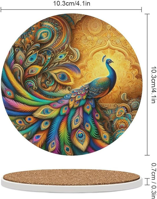 Round-6PCS Peacock Drink Coasters, Round Modern Ceramic Absorbent Coasters, Beautiful Colorful Floral Peacock Boho Art Pattren Decor Desk Coffee Table Coaster for Beverage Cup Tea Coasters