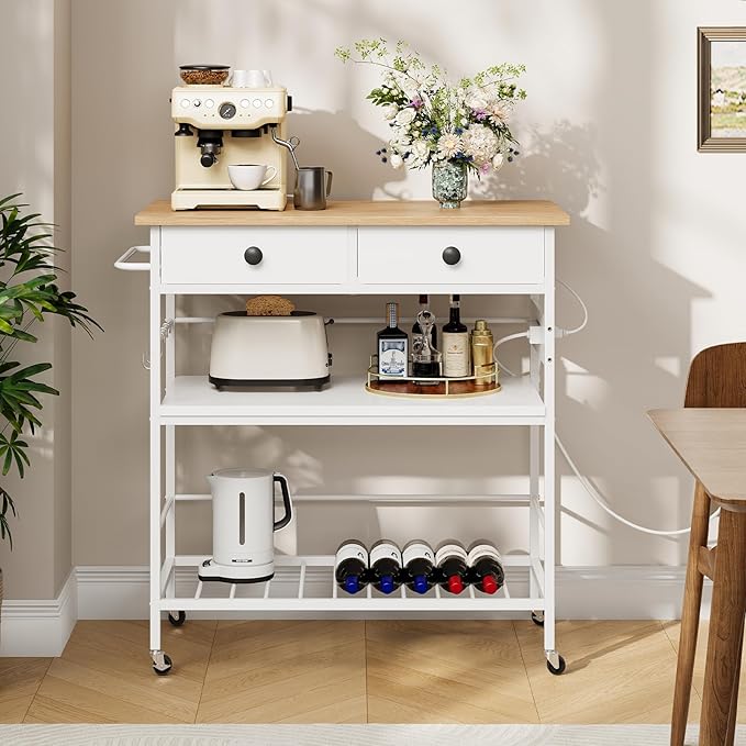 HOOBRO Kitchen Island with Storage, Rolling Island Cart for Kitchen with 2 Drawers & Outlet, 3 Tier Coffee Station and Microwave Stand, Kitchen Island Table for Home, Natural and White WN08UZD01