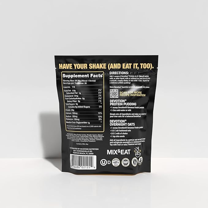 Devotion Nutrition Protein Powder Bananas Foster – 20g Whey Isolate & Casein Protein Blend – No Added Sugar, Low Carb, Gluten-Free, Keto-Friendly, 1g MCT, Kosher – 2lb Pouch