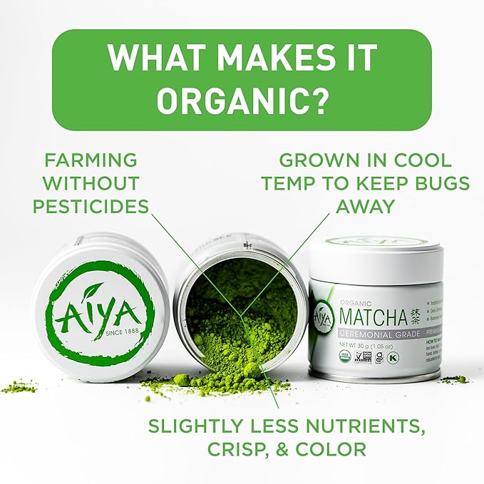 Aiya Organic Ceremonial Grade Matcha Powder - Premium Matcha Ceremonial Grade, Vibrant Jade Green Color, Mild Natural Sweetness, Japanese Tea Ceremonies - 30g Tin