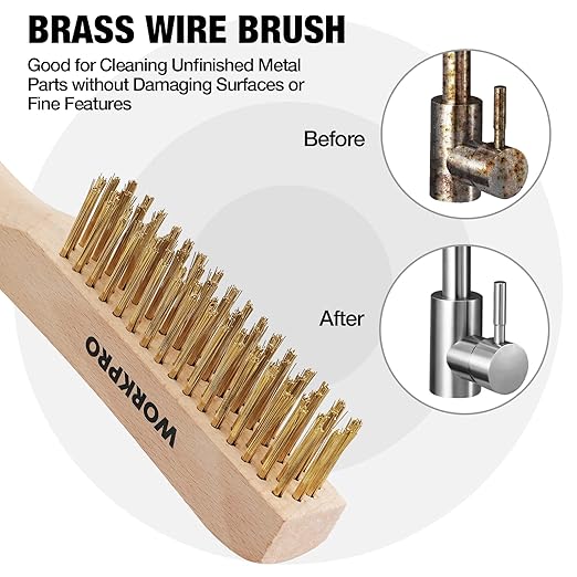 WORKPRO Wire Brush Set, 6 Pcs Brass/Stainless Steel Wire Scratch Brush Set, Small Large Size with Beechwood Handle for Cleaning Rust, Paint and Welding Slag