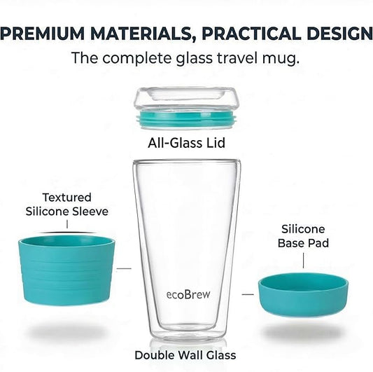 Double Wall Glass Tumbler with Lid, Glass Travel Mug, Dishwasher Safe & Microwavable Clear Coffee Tumbler To Go, Reusable Ceramic Cup with Lid (Bright Aqua, 16oz)