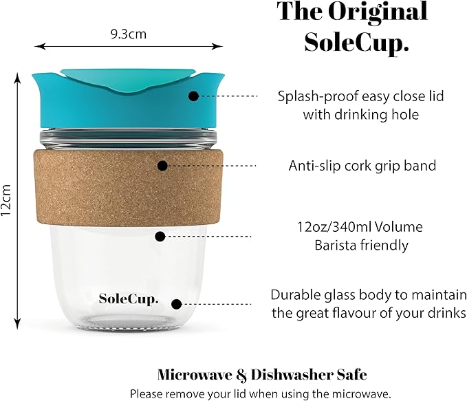 Reusable Strengthened Glass Travel Cup - Spill Proof Insulated Coffee Mug - 12oz/340ml BPA-Free Hot Drink Travel Mug with Lid & Cork Band (Blue, 12oz)