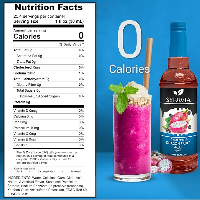 Syruvia Sugar-Free Dragon Fruit Acai Syrup, Flavored Syrup for Drinks, Cocktails, Lemonades, Iced Teas, and Desserts – 25.4 fl oz, With Pump
