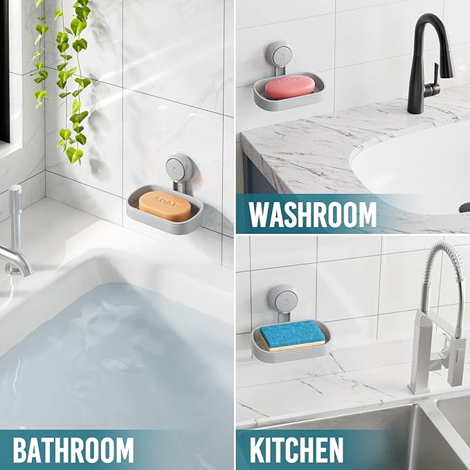 TAILI Soap Dish Bar Holder Suction Cup,Soap Saver with Powerful Vacuum Suction,Sponge Holder for Shower,Bathroom,Tub and Kitchen Sink, Universal Shower Accessories,Drill-Free,Removable,Grey