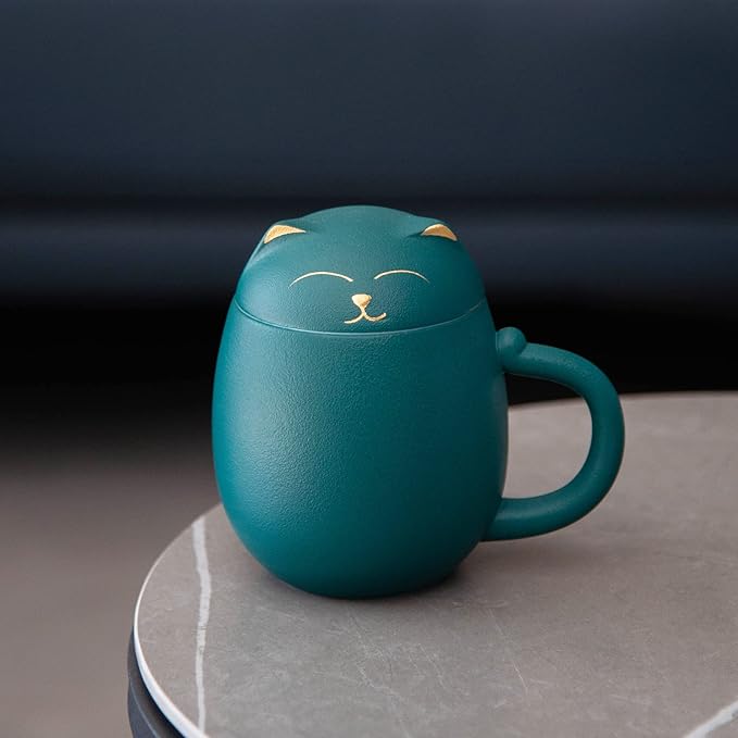 HEER Cat Tea Cup with Infuser and Lid, Cute Tea Mug with Strainer for Steeping Loose Leaf, Ceramic Teacup Birthday Christmas Cat Lover Gifts for Women, Men, Mom, Sisters, besties. (Green)