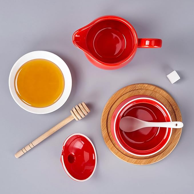 12 OZ Ceramic Sugar and Creamer Set, Coffee Serving Set, 3 Piece Cream Pitcher Sugar Bowl with Lid and Spoon (Red)