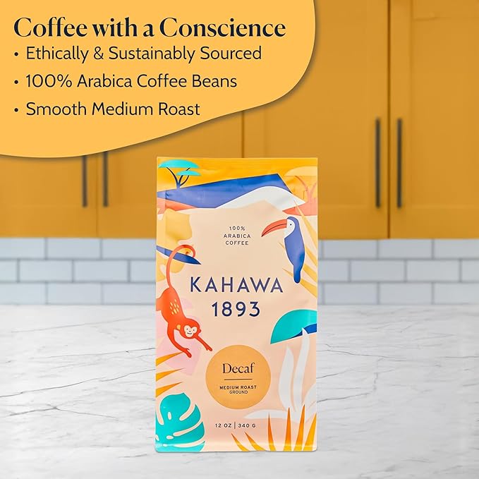 Kahawa 1893 Ground Coffee Medium Roast Decaf Blend 12 Oz - As Seen on Shark Tank, Naturally Sweet, Organically Grown, Ethically & Sustainably Sourced