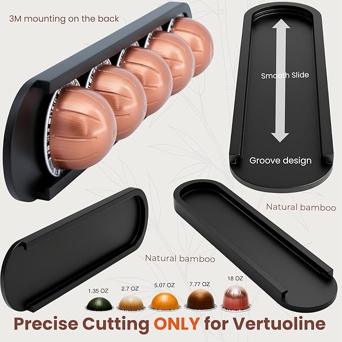 Bamboo Coffee Pod Holder, Adhesive Wall Mount (No Drilling) for Inside Cabinet Door, 20-Capsule Storage (Set of 4), Vertical & Horizontal, Compatible with Nespresso Vertuo Line-Black