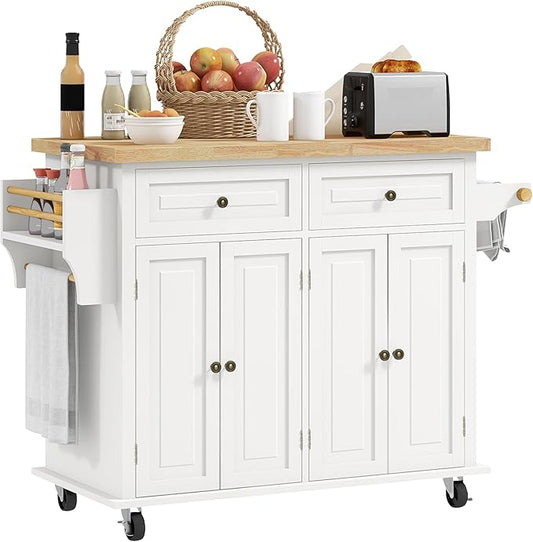 HOMCOM Kitchen Island Cart with Rubber Wood Top, Rolling Kitchen Island Table on Wheels with Drawers, Adjustable Shelves, Spice Rack and Towel Rack for Dining Room, Cream White