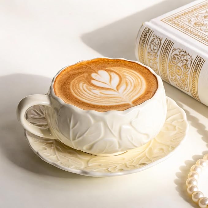 KAMMAK Tea Cups and Saucers Set of 2, Porcelain Coffee Cups, 10-Ounce Stackable Espresso Mugs, Ceramic Demitasse for Coffee, Latte, Americano, Tea, Lucky Cream