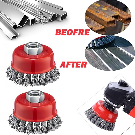 MIKILIKIEN 2 Pcs 2.5 inch Wire Cup Brush for 4 1/2 Angle Grinder,Wire Wheel Cup Brush for Grinders, 5/8" -11 Threaded, for Heavy Cleaning Rust, 0.020" Carbon Steel