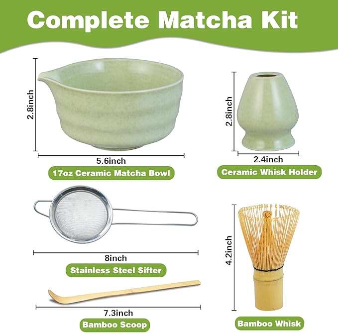 Matcha Whisk Set, Premium Ceramic Matcha Bowl with Spout, Bamboo Whisk, Chasen Holder, Sifter, Scoop, Complete Tea Making Kit for Matcha Lovers, Beginner Starter Set Valentine's Day Gift, Green
