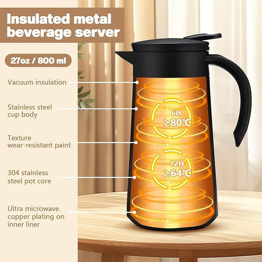 2 Pcs 27oz Thermal Coffee Carafe Stainless Steel Coffee Pot for Keeping Hot/cold Insulated Double Walled Vacuum Tea Pot with Press Button Drink Beverage Dispenser for Milk Tea(Black)