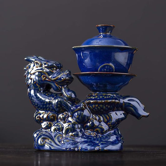 Semi Automatic Tea Set Ceramic Teapot with Infuser Magic Teapot with 8 cups (Dark Blue Dragon-B)