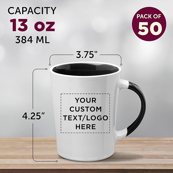 Custom Ceramic Latte Coffee Mugs by Albany 13 oz. Set of 50, Personalized Bulk Pack - Perfect for Coffee, Tea, Espresso, Hot Cocoa, Other Beverages - Black