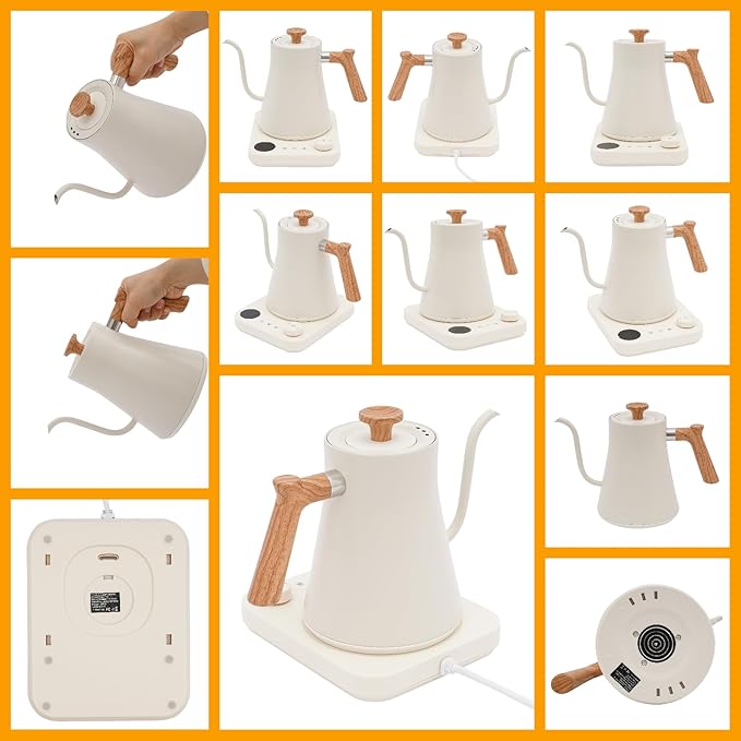 Electric Gooseneck Kettle, 0.9L/0.24Gal 1200W, Temperature Control 104-212°F, Stainless Steel Hot Water Tea Kettle, LED Display, 1-24 H Keep Warm for Pour Over Coffee, Home, 11.02*8.07* 8.66in White