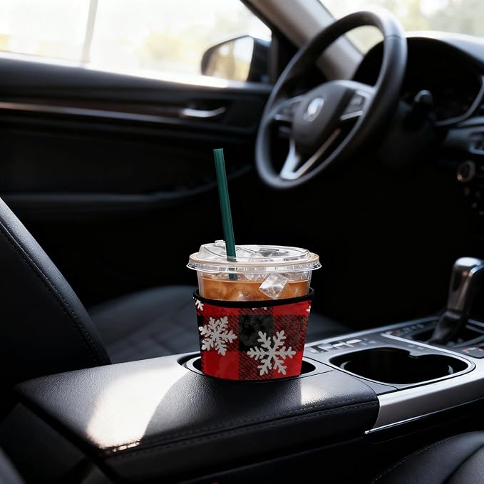 Neoprene Iced Coffee Sleeve 3 Pack, Reusable Insulated Cup Holder with Red Buffalo Plaid Snowflake Pattern, Fits 16–32 oz Tumblers, Compatible with Starbucks & Dunkin