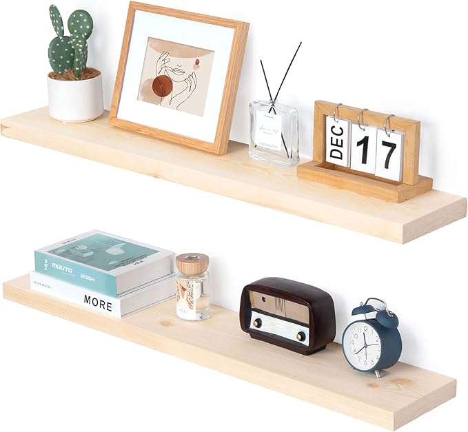Marsmiles Natural Wood Floating Shelves | 36 Inch Unfinished Wood Wall Shelves Set of 2 | 36" W x 6.7" D Rustic Wooden Shelves for Bathroom Kitchen Living Room Bedroom