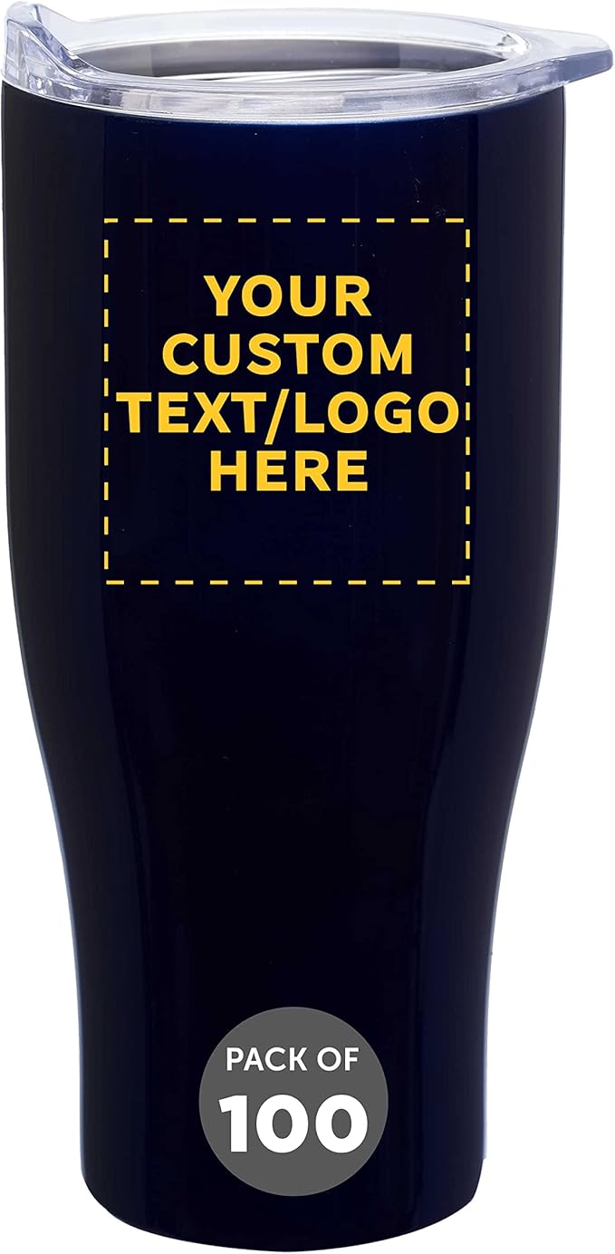DISCOUNT PROMOS 100 Stainless Steel Grip Travel Mugs Set, 27 oz. - Customizable Text, Logo - Vacuum Insulated, Plastic Lid - Blue
