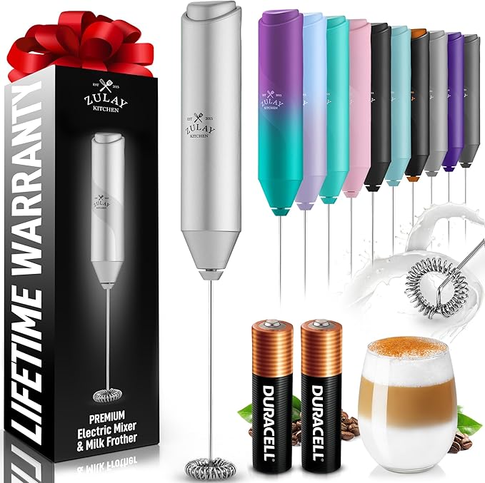 Zulay Kitchen Powerful Milk Frother AA Batteries Included – Ultra Fast Handheld Drink Mixer with Stainless Steel Whisk Stirrer for Coffee, Protein, Matcha & More, Frother Wand Electric Frothmate