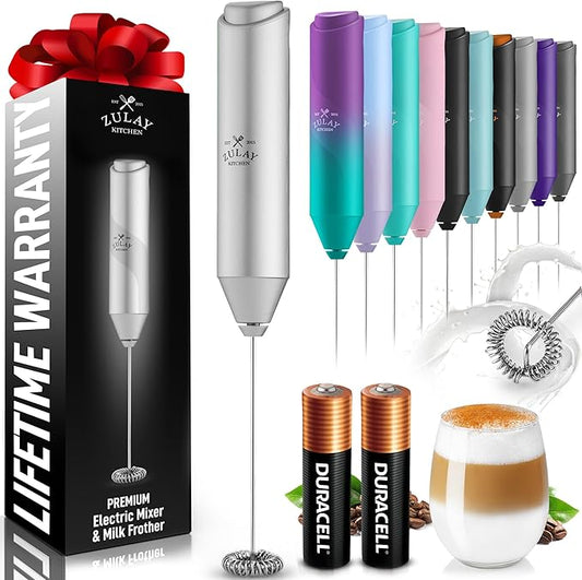 Zulay Kitchen Powerful Milk Frother AA Batteries Included – Ultra Fast Handheld Drink Mixer with Stainless Steel Whisk Stirrer for Coffee, Protein, Matcha & More, Frother Wand Electric Frothmate