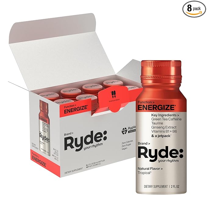 Ryde: Energize Shot | Tropical Flavor | Green Tea Caffeine, Taurine, Ginseng Extract & B Vitamins | 0 Calories, 0 Sugar | 2 FL OZ Shots | Boosts energy* (8 Pack)