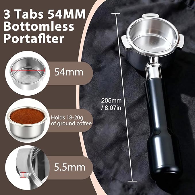 VOURMIO 54mm Bottomless Portafilter - 3 Ears with Stainless Steel Filter Basket, Fits Breville Barista Express, Pro, Touch, Bambino Plus, Infuser (880BSS, 870XL, 878BSS, 500BSS, 840XL), Black