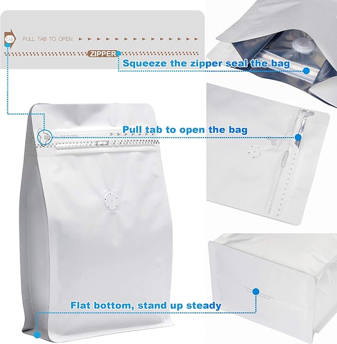 100 Pieces 12 Ounce White Kraft Paper Coffee Bags, Stand Up Coffee Pouches with One Way Degassing Valve and Reusable Side Zipper (Pull Tab to Open) Flat Bottom - - Stand Up Well (12oz, 340gram)