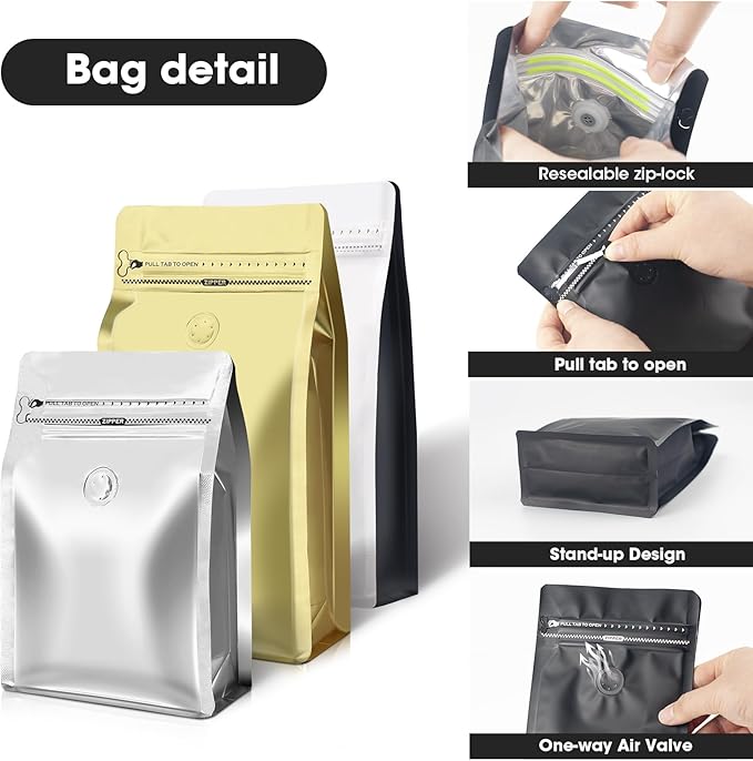Coffee Bags with Valve(60pcs,16 oz,1 lb) Vented Coffee Beans Packaging Bags High Barrier Aluminumed Foil Flat Bottom Heat Sealed Side Zipper Resealable Storage Bag for Home or Business（Black ）