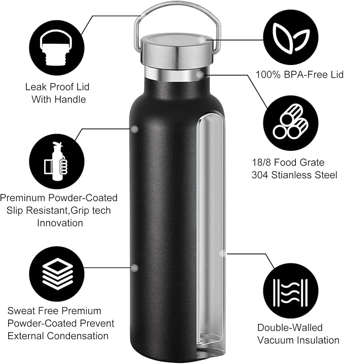 Neihepal 20 oz Insulated Water Bottles,Stainless Steel Double Wall Sport Bottle with Lid of Handle (8, Black)