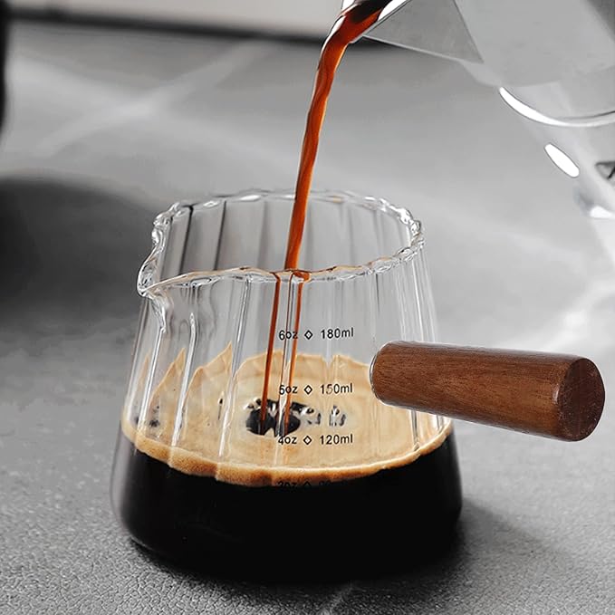 6oz Glass Espresso Cups with Spout, Espresso Accessories, Espresso Shot Glass with V-Shaped Mouth, Ribbed Milk Frothing Pitcher (Clear)