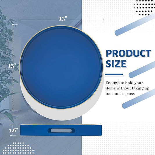 MAONAME 13" Blue Round Tray, Navy Serving Tray with Handles, Modern Decorative Trays for Coffee Table, Plastic Trays for Ottoman, Bathroom, Decor