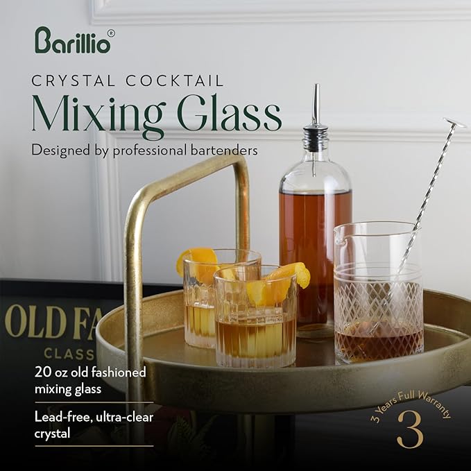 Barillio Crystal Cocktail Mixing Glass - 20 Oz (600 ml) Seamless Weighted With Thick & Sturdy Bottom Cocktail Stirring Pitcher | Old Fashioned Beaker - Bartender Mixology Accessories to Stir Cocktails