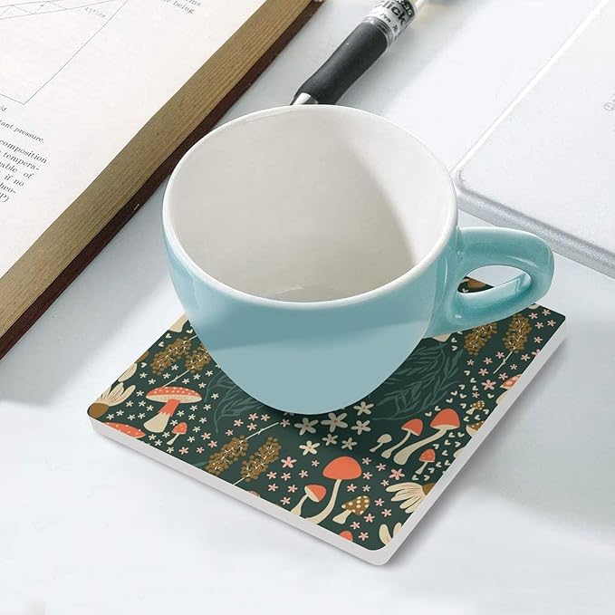 Botanical Drink Coasters, Square Ceramic Drink Coaster Square-6PCS, Cartoon Green Botanical Floral Leaves Mushroom Plant Decor Absorbent Ceramic Coasters for Beverage Cup, Bar, Coffee Table