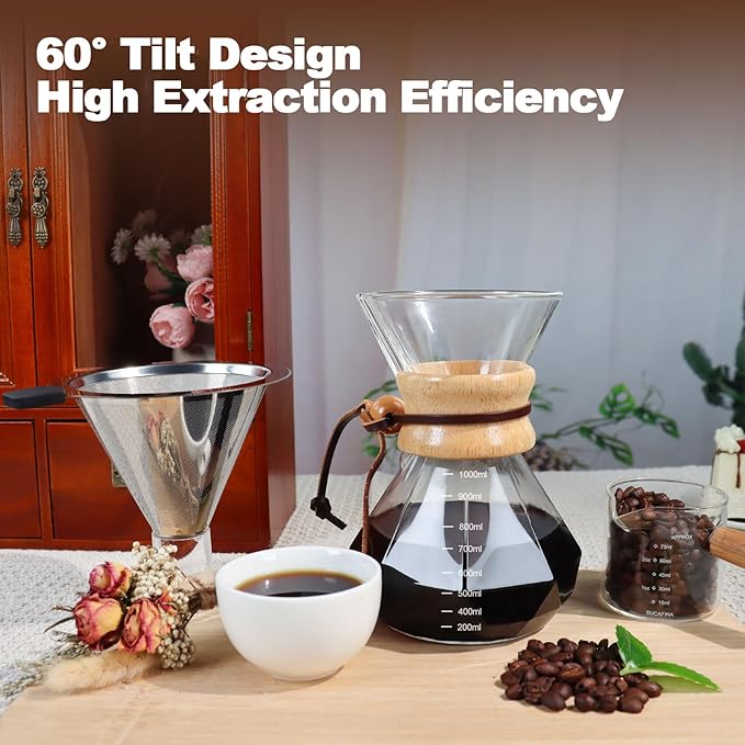 Pour Over Coffee Maker 1000ml 33.8oz Glass Drip Coffee Maker with 304 Stainless Steel Filter High Borosilicate Glass Duckbill Spout Solid Wood Handle Pour Over Coffee Dripper for Daily Brewing