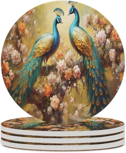 Peacock Drink Coasters, Round Ceramic Drink Coaster Round-4PCS, Vintage Art Beautiful Plant Floral Green Peacock Decor Absorbent Ceramic Coasters for Beverage Cup, Bar, Coffee Table