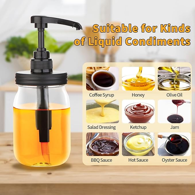 Mason Jar Dispenser, 4PK Coffee Bar Syrup Dispenser, Pump and Lid for Regular Mouth Mason Jar, Food Grade Rust-Proof Pump for Liquid Condiments, Ketchup, Honey, Syrup and More