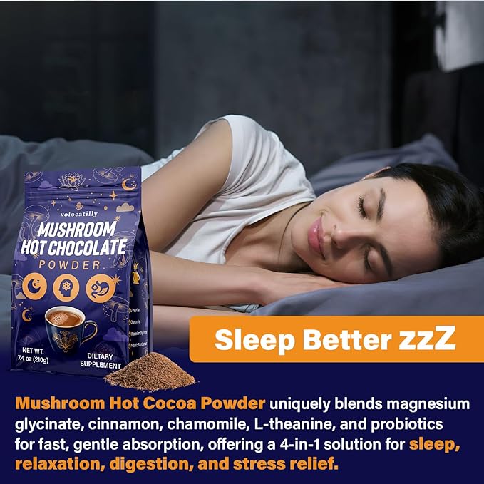 Mushroom Hot Cocoa with Magnesium Glycinate, Reishi, L-Theanine, Ashwagandha, Lemon Balm, Lavender, Cacao Powder Organic Hot Chocolate Supplement for Sleep, Relaxation, No Melatonin, 2P