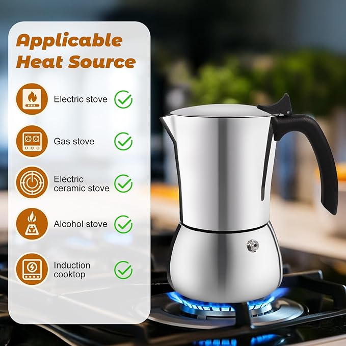 Vaolvpant No Coating 6 Cup Thickened 304 Stainless Steel Moka Pot Stovetop Espresso Maker Italian Coffee Machine 300ml 10oz Suitable for Gas Induction Stovetop Greca Coffee Maker Percolator