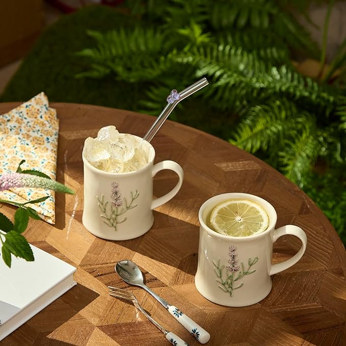 Artisanal Handcrafted Ceramic Mug with Sage Botanical Design - 10oz Off-White Stoneware Coffee Cup, Elegant Purple Sage Pattern, Dishwasher Safe, Comfort Grip Handle for Daily Use-2pack