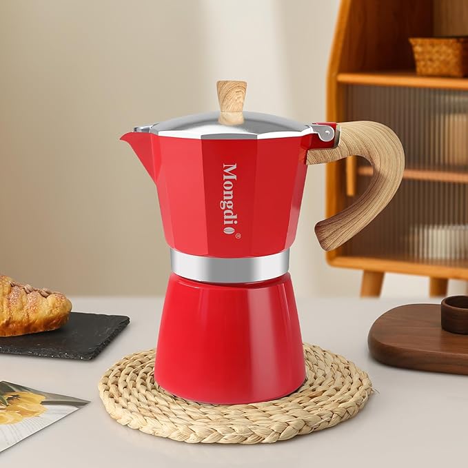 Mongdio Stovetop Espresso Maker Moka Pot, Cuban Coffee Maker Stove top coffee maker Moka Italian Espresso Greca Coffee Maker Brewer Percolator, 6 Espresso Cups, 10 oz - Red