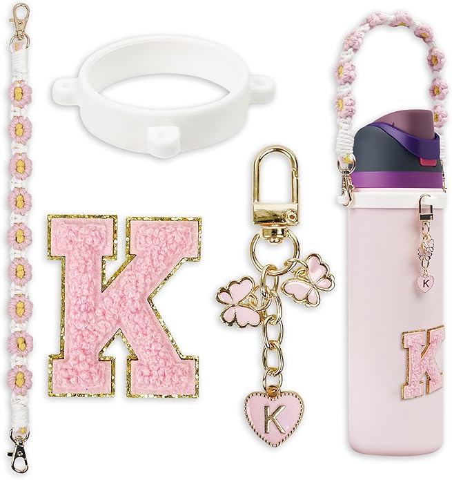 Compatible with Owala Water Bottle Accessories, Cute Letter Charm Set with Boho Handle Strap, Monogram Sticker, Silicone Ring, Keychain Decoration, for FreeSip 24 32 40oz, Owala Kids, Tumbler Gift