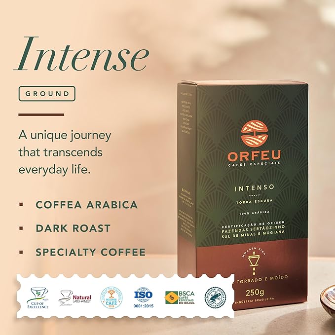 ORFEU - Special Coffee Intense - 100% Arabica Coffee, Dark Roast, Ground & Roasted, Aroma of Toasted Caramel & Fruit Jam, Low Acidity, Made In Brazil, Velvety Body - 250g (8.8oz)